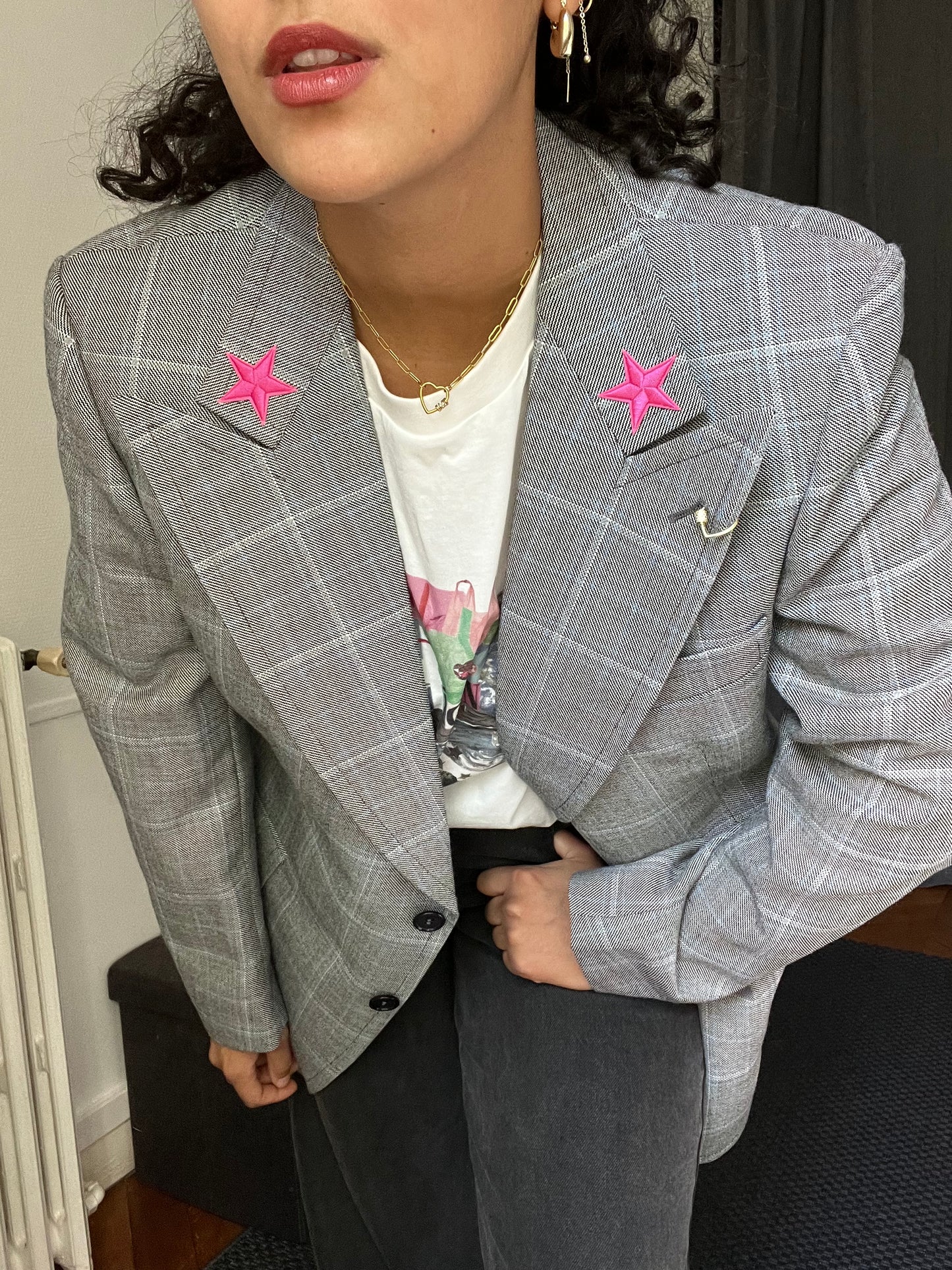 Veste tailleur carreaux - Étoile rose